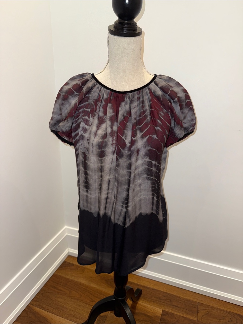 L'AGENCE Burgundy, Gray and Black Tie-Dye Short-Sleeve Blouse